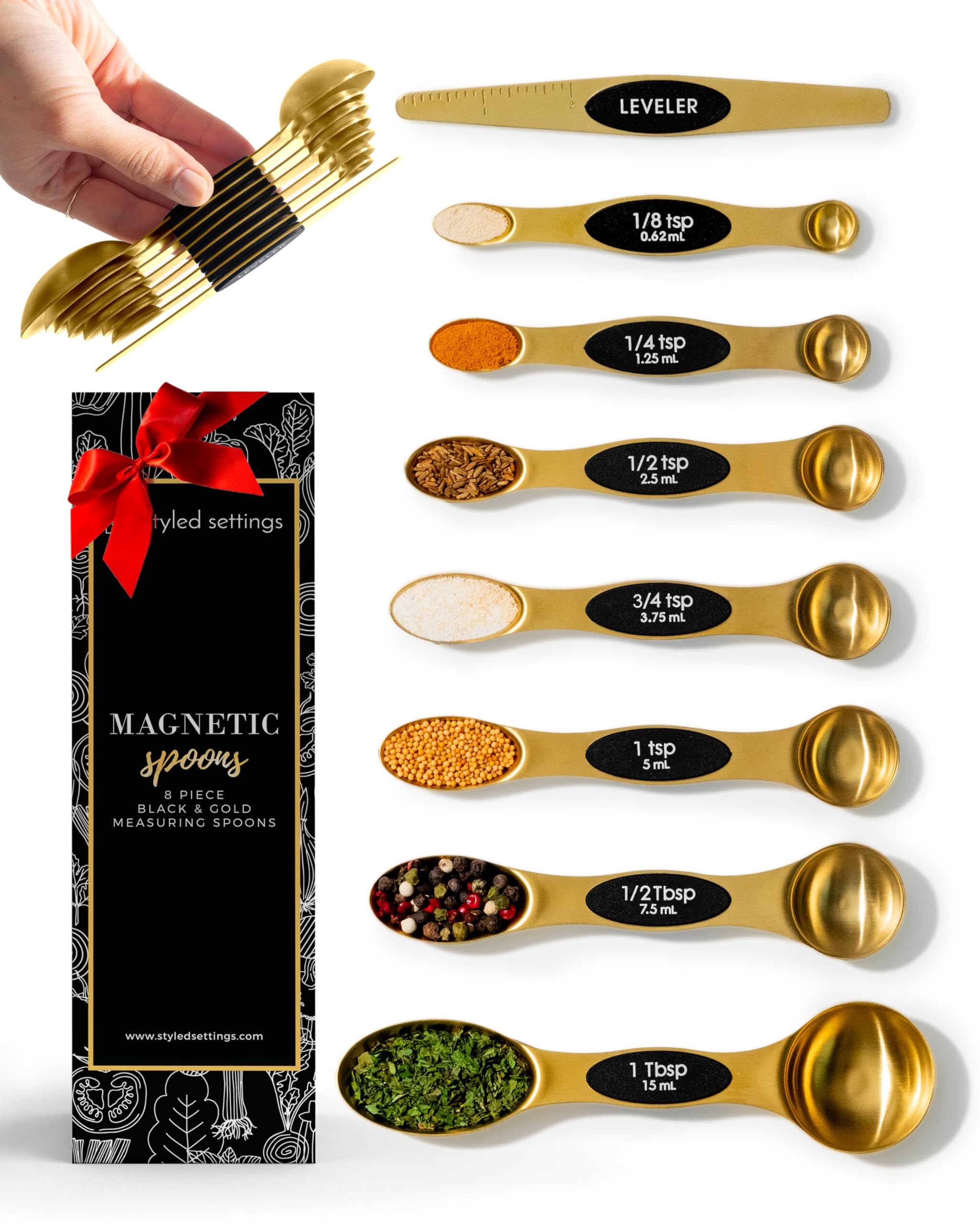 STYLED SETTINGS cucharas medidoras magnéticas doradas para acceso rápido en la cocina