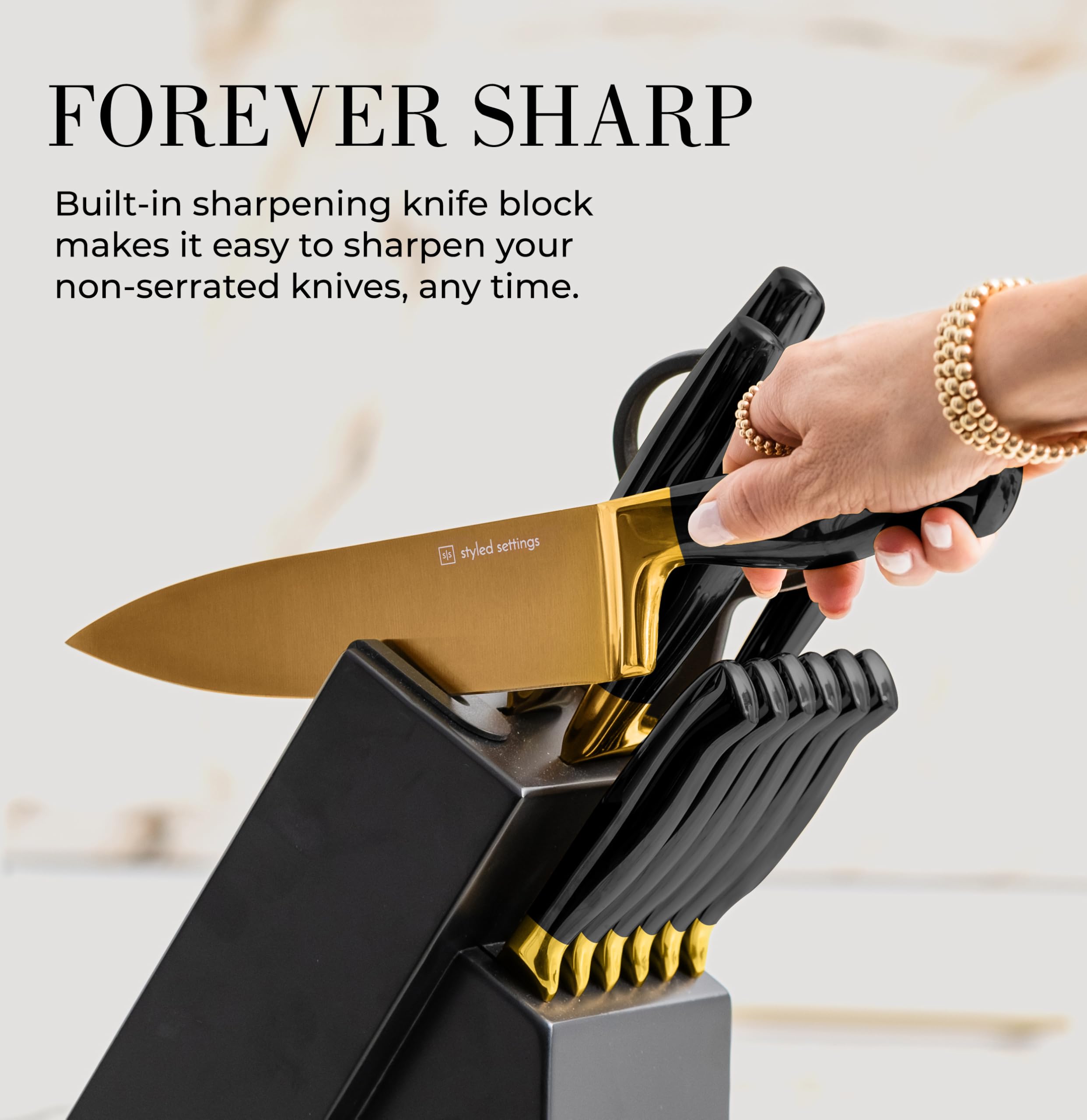 Cuchillo carne STYLED SETTINGS oro negro; hoja inoxidable duradera para filetear