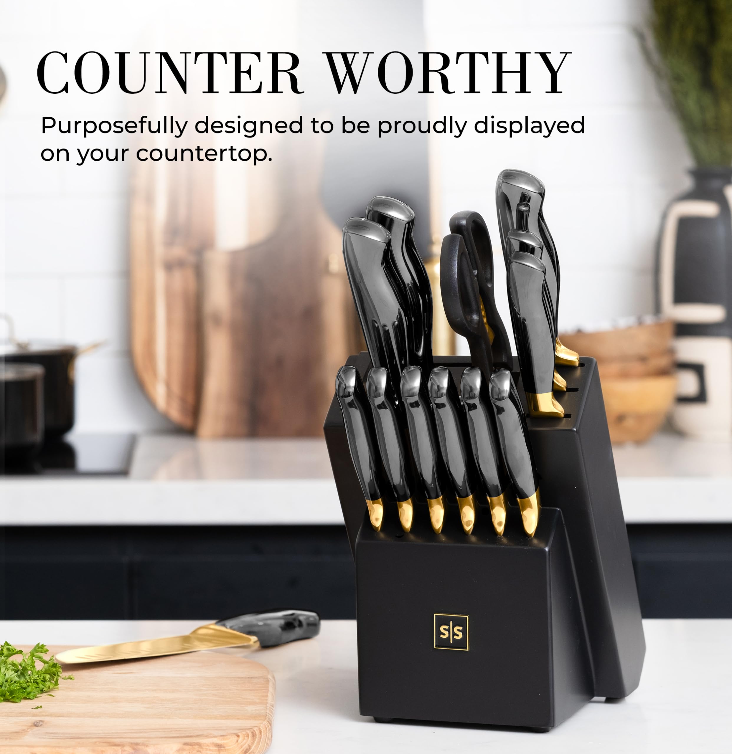 Cuchillo chef STYLED SETTINGS oro negro; hoja titanio para corte preciso