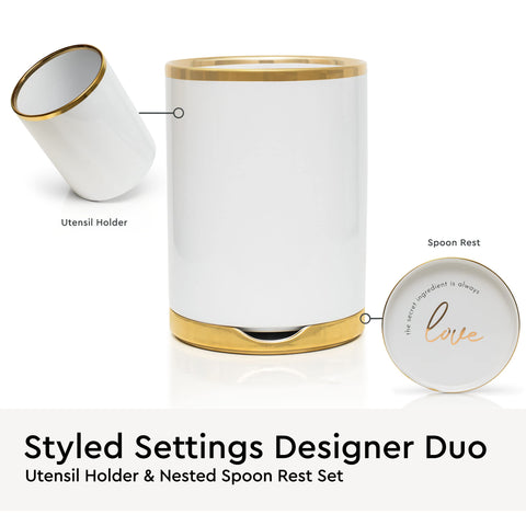 Conjunto dos-en-uno porta-utensilios blanco-oro para ahorrar espacio en la encimera