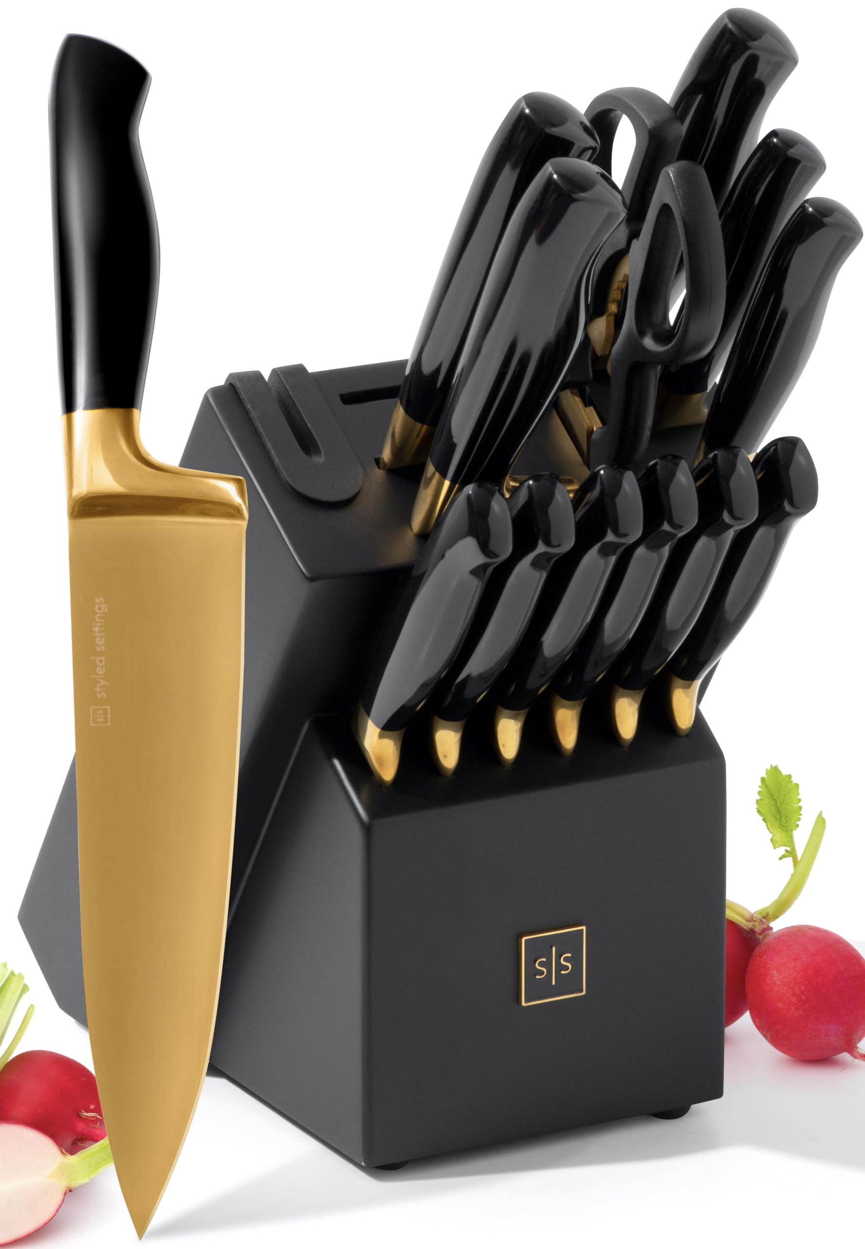 Conjunto STYLED SETTINGS de cuchillos oro negro con bloque autoafilado para cocina elegante