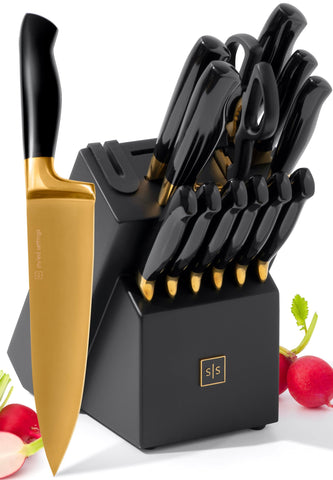 Conjunto STYLED SETTINGS de cuchillos oro negro con bloque autoafilado para cocina elegante
