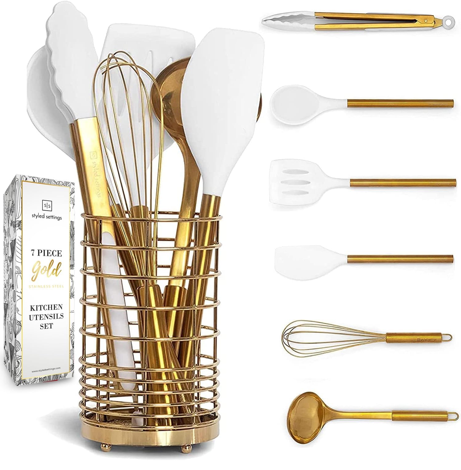 STYLED SETTINGS: juego de utensilios dorado y blanco para cocinar y presentar con estilo