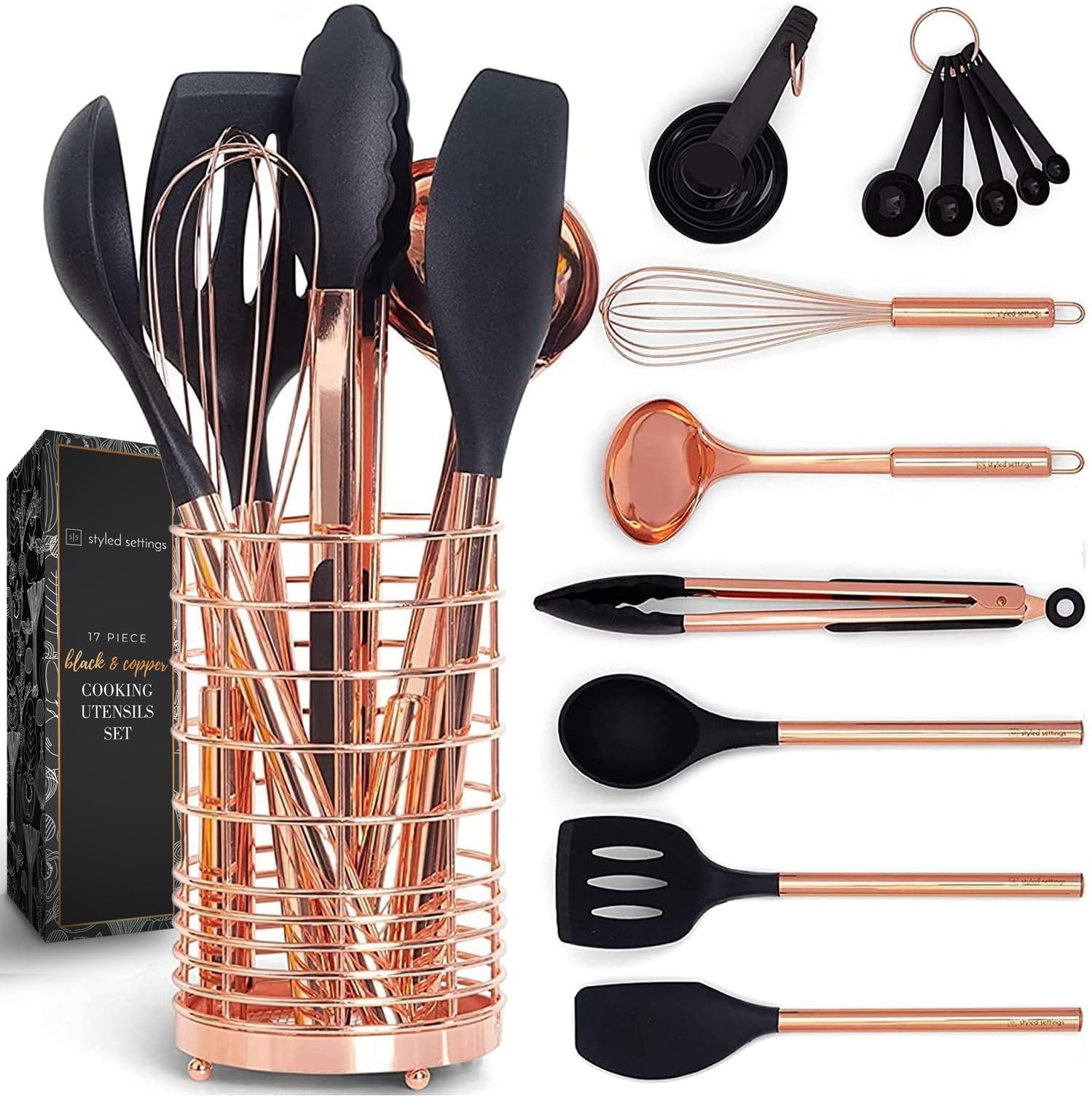 STYLED SETTINGS juego de utensilios negro cobre 17 piezas para cocinar con estilo.