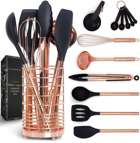 STYLED SETTINGS juego de utensilios negro cobre 17 piezas para cocinar con estilo.