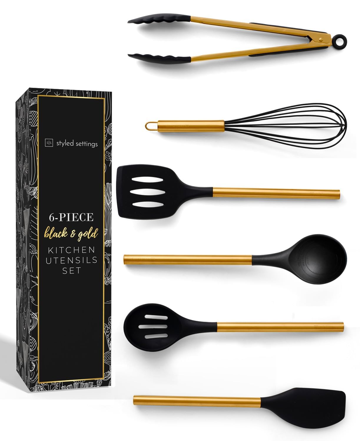 Utensilios STYLED SETTINGS negro y dorado en conjunto, diseño distintivo para cocinar con estilo