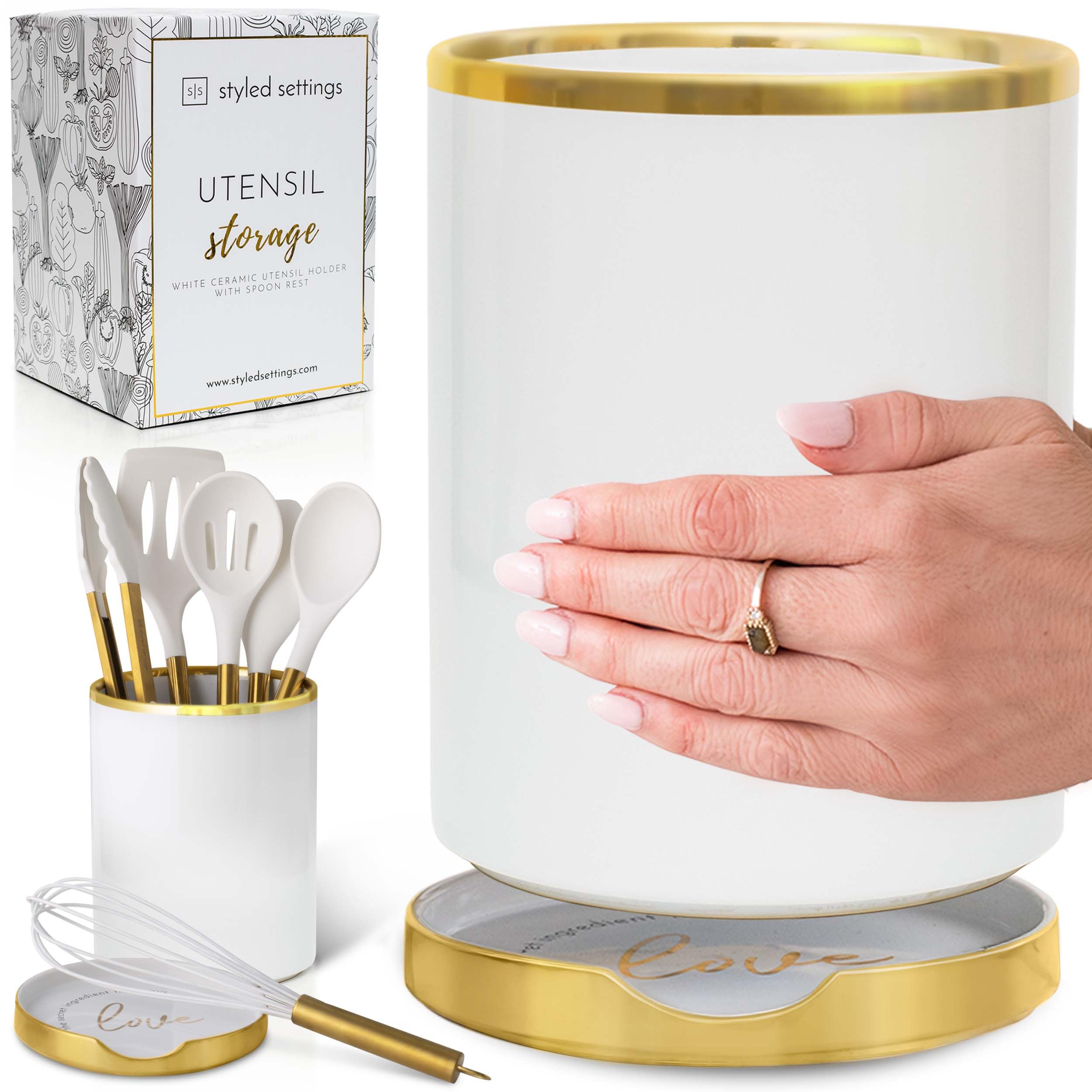 STYLED SETTINGS porta-utensilios blanco-oro frontal para ordenar utensilios de cocina