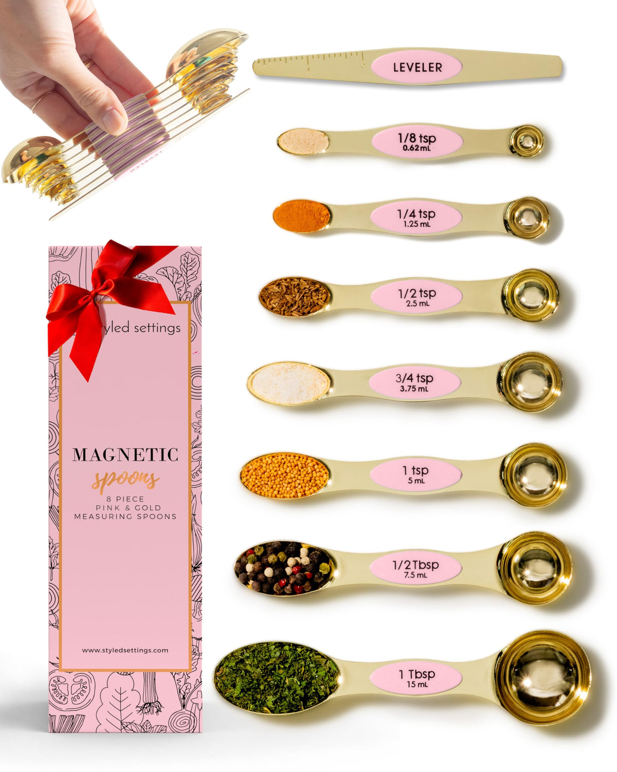 STYLED SETTINGS set de cucharas medidoras rosa 8 piezas: precisión para hornear