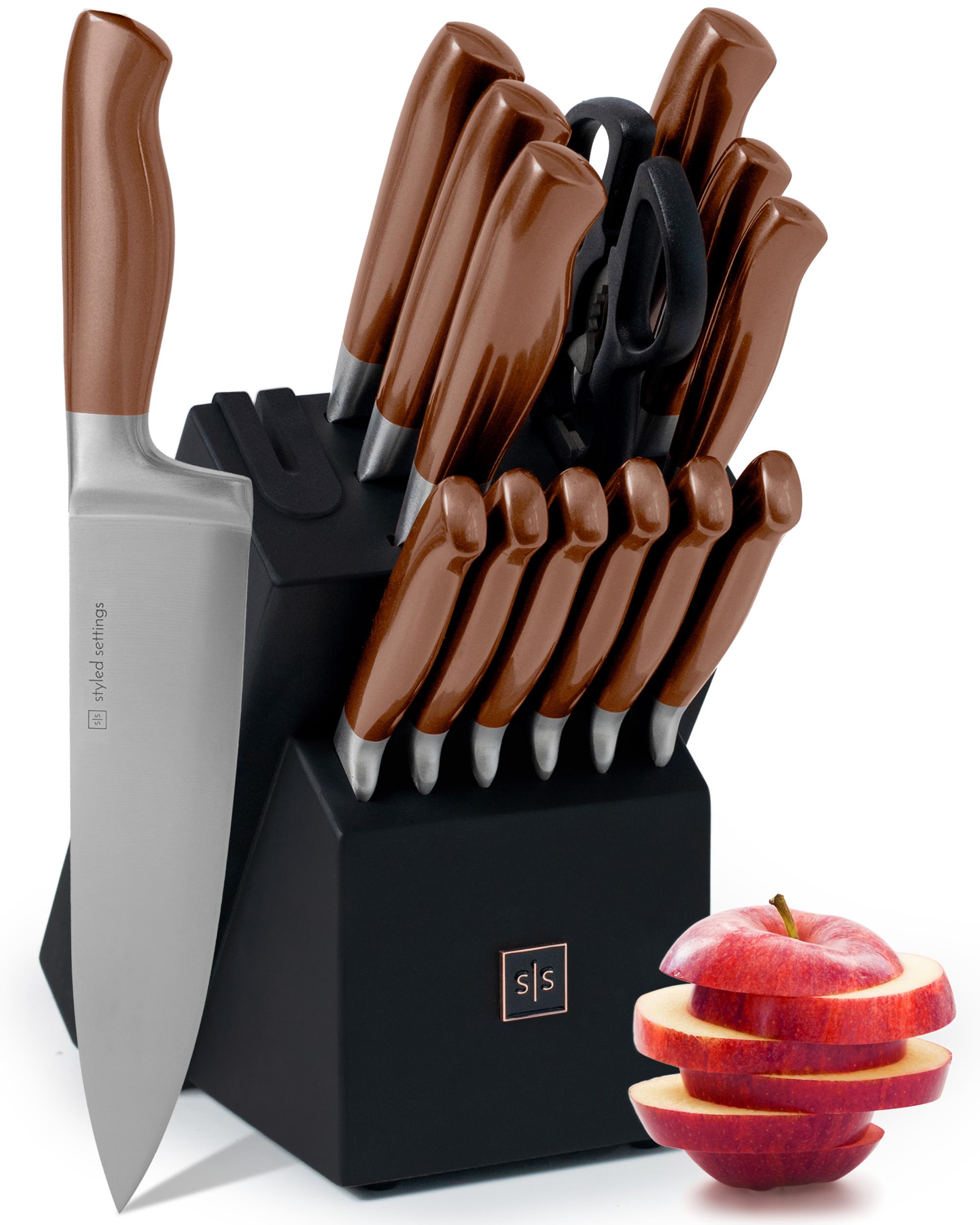 Styled Settings: set de cuchillos cobre en bloque negro, ideal para chef hogareño y presentación elegante.
