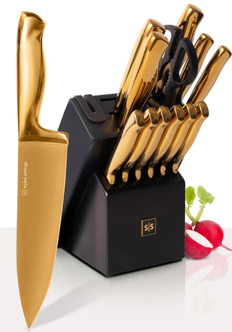 STYLED SETTINGS set-cuchillos-dorados-con-bloque-negro para una cocina elegante y ordenada.