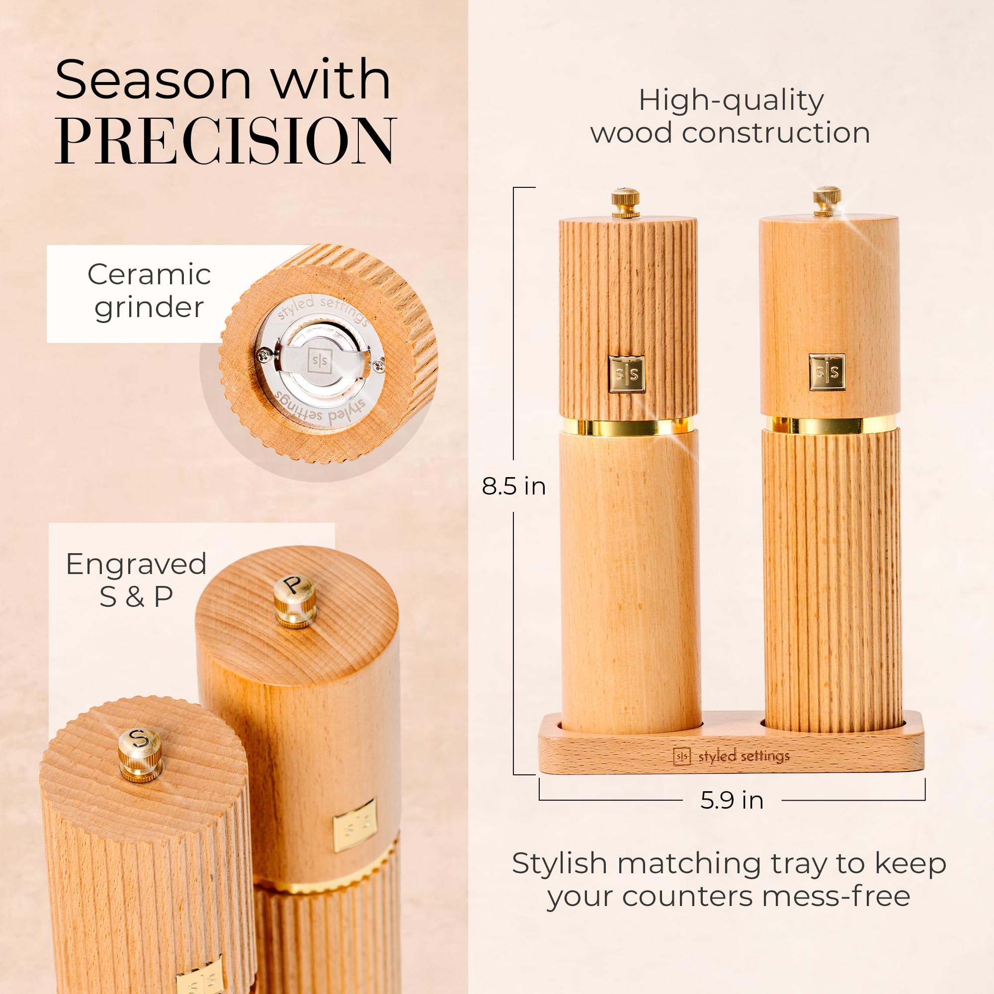 STYLED SETTINGS set sal pimienta madera completo sobre soporte dorado