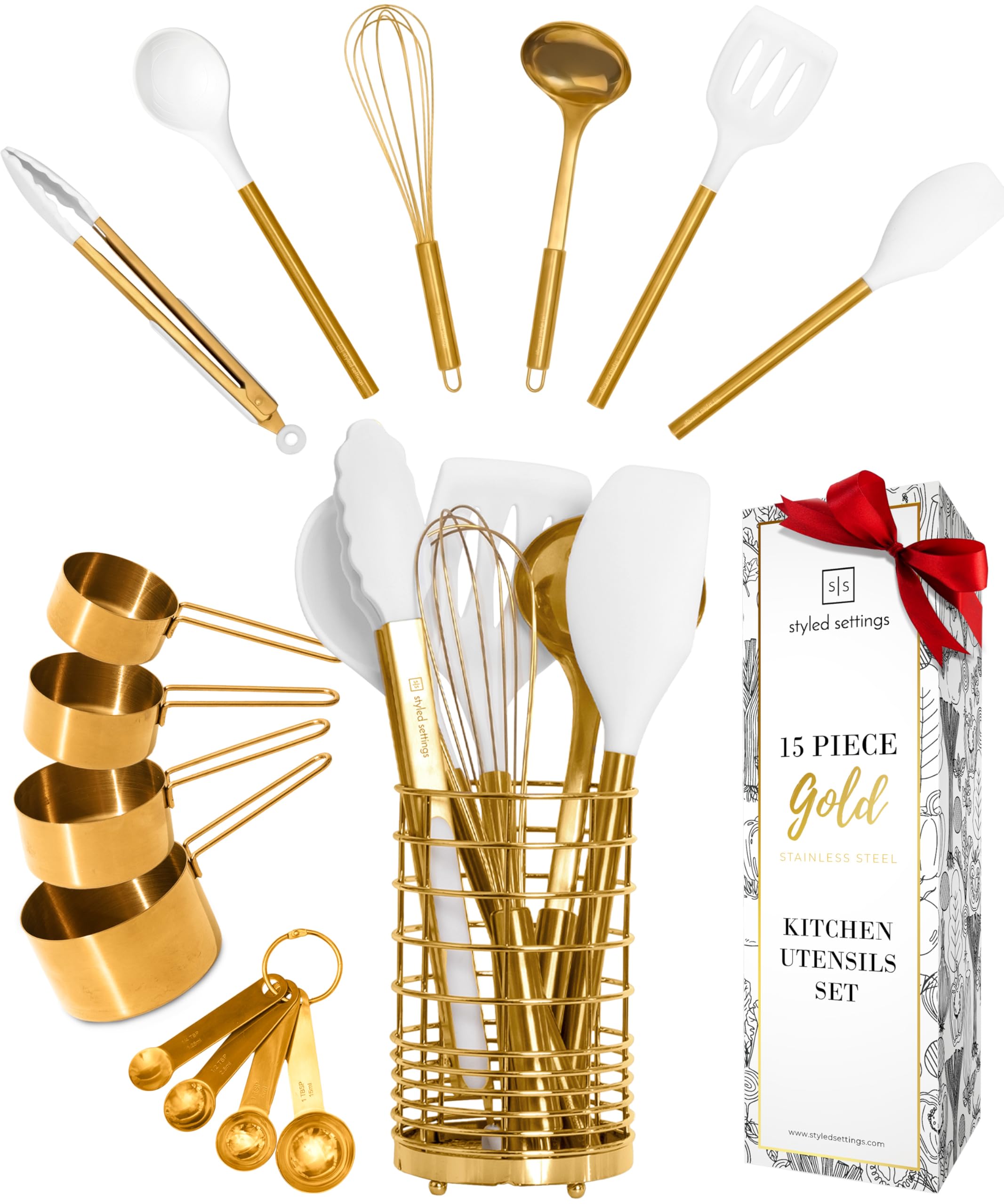 Conjunto STYLED SETTINGS con porta-utensilios blanco y dorado para ordenar la encimera