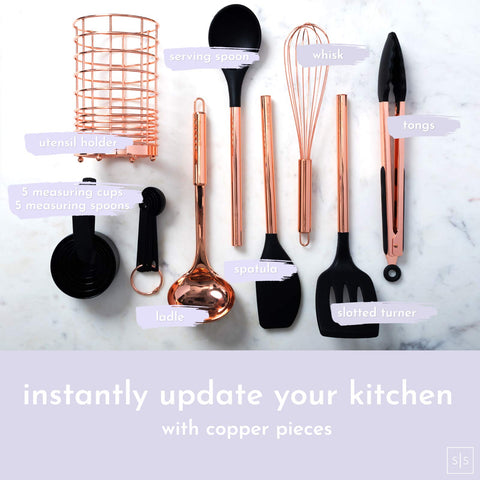 STYLED SETTINGS soporte para utensilios cobre y oro rosa mantiene orden en la cocina.