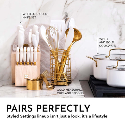 STYLED SETTINGS: soporte para utensilios dorado y blanco para encimera organizada
