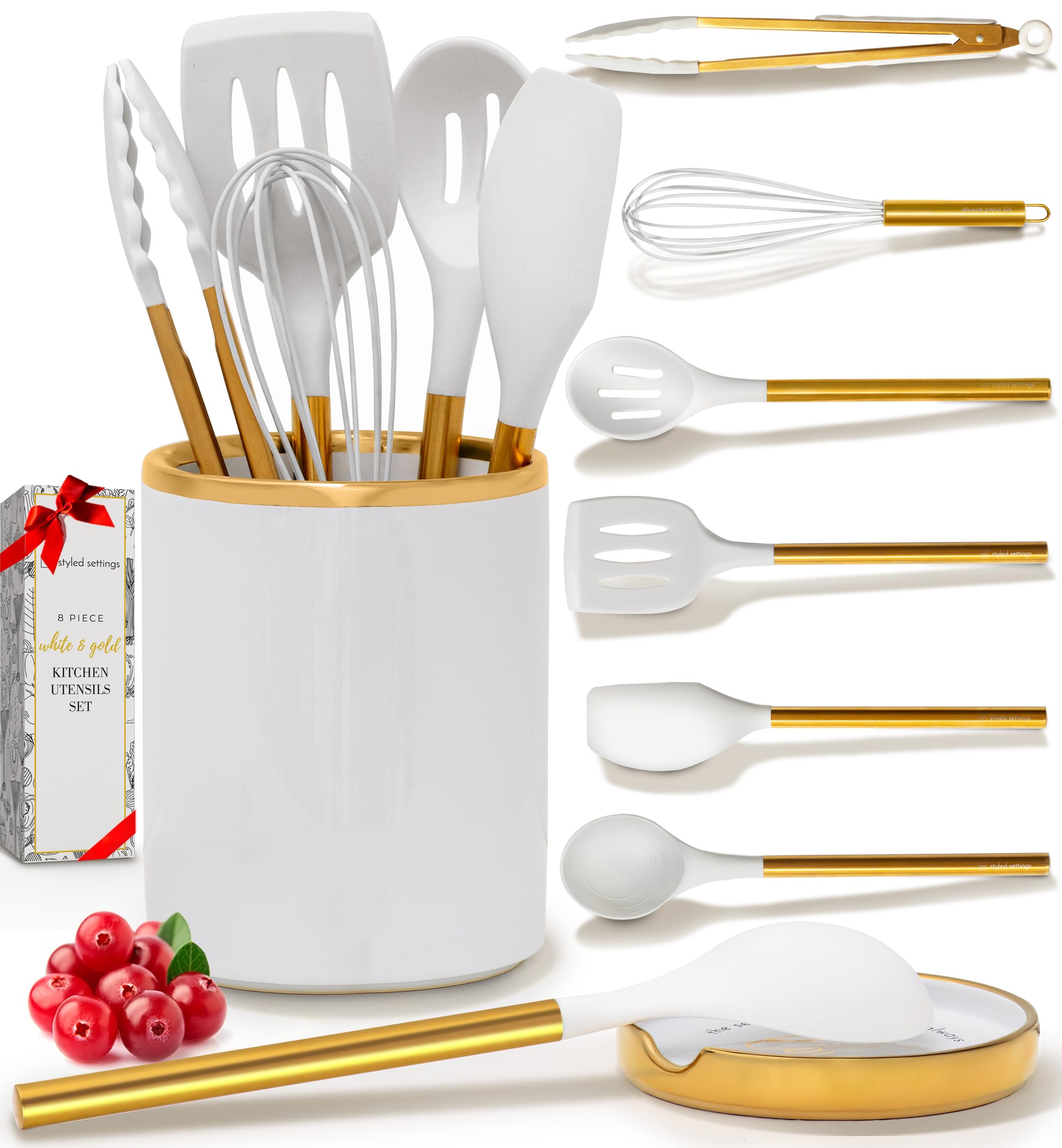 Juego STYLED SETTINGS de utensilios blancos y dorados para cocinar sin rayar sartenes