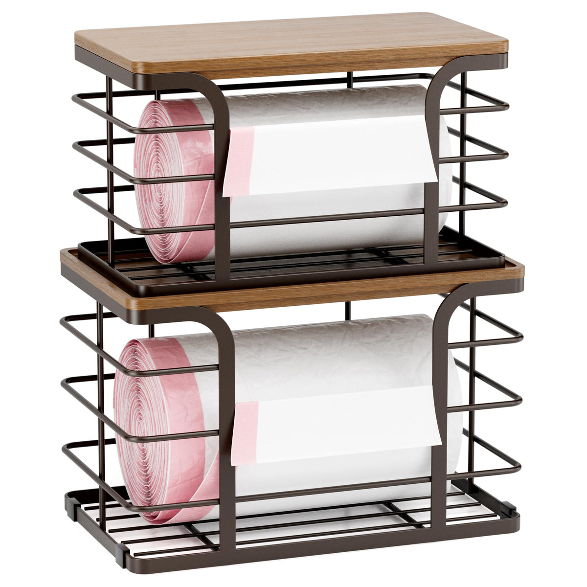Stylstoreazy dispensador de bolsas en encimera con tapa de bambú, acceso rápido y orden.