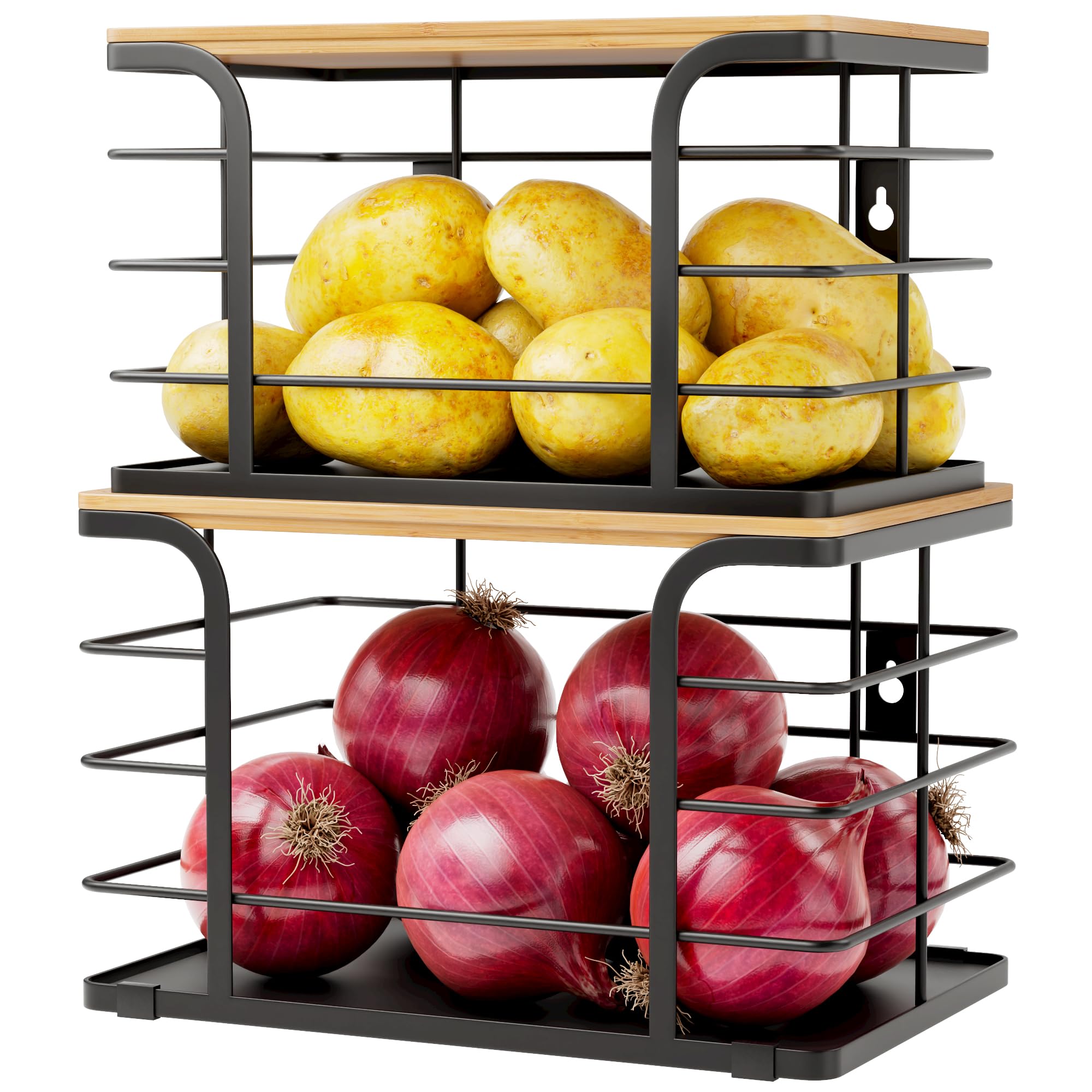 Stylstoreazy dos-pack almacenamiento para patatas y cebollas con tapa de bambú facilita la organización