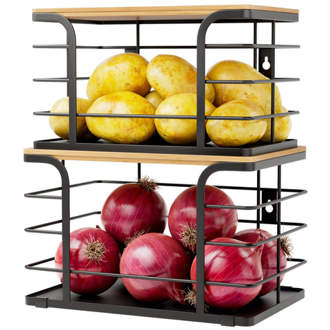 Stylstoreazy dos-pack almacenamiento para patatas y cebollas con tapa de bambú facilita la organización