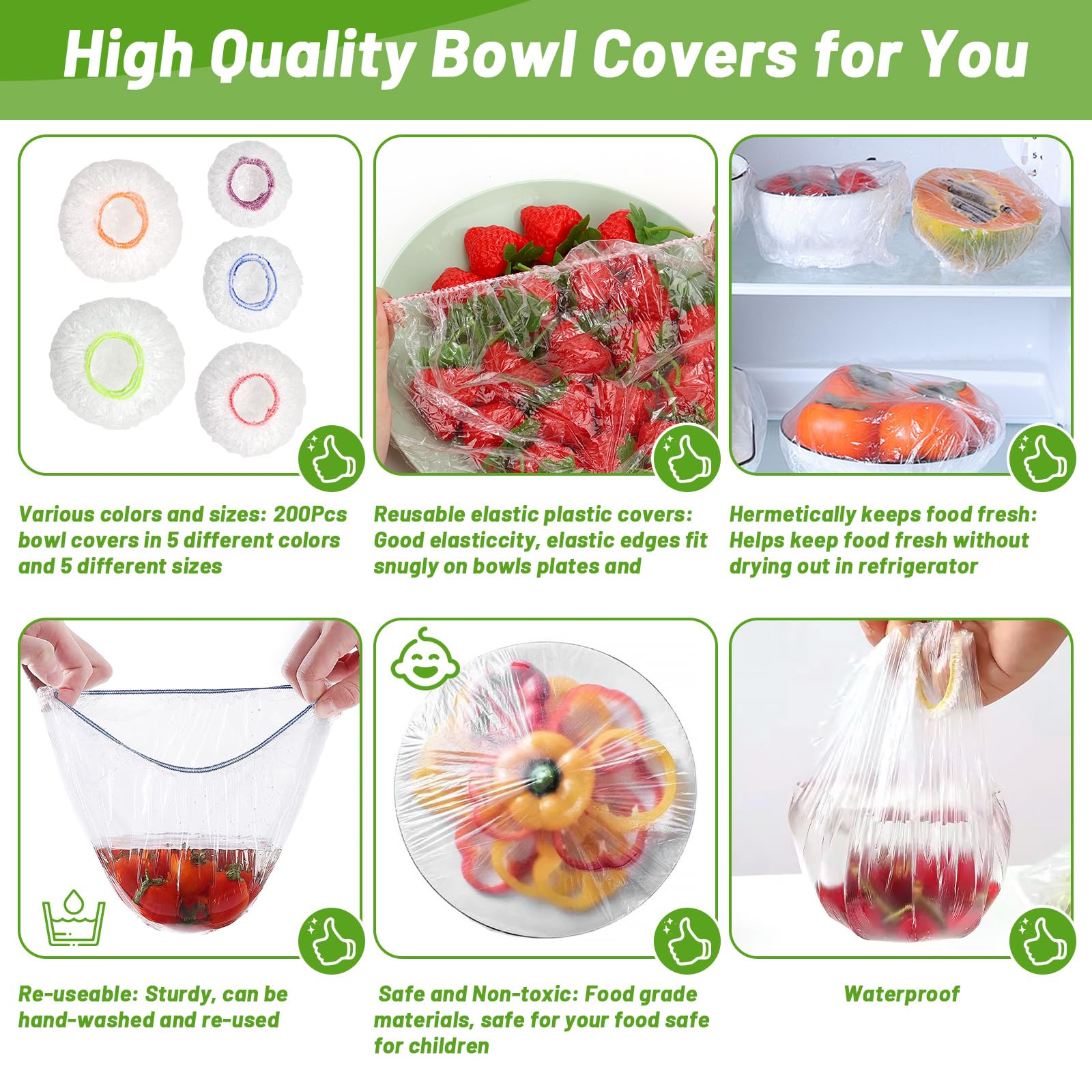 Sublaga tapas elásticas para tazones verde, variedad de tallas para recipientes.