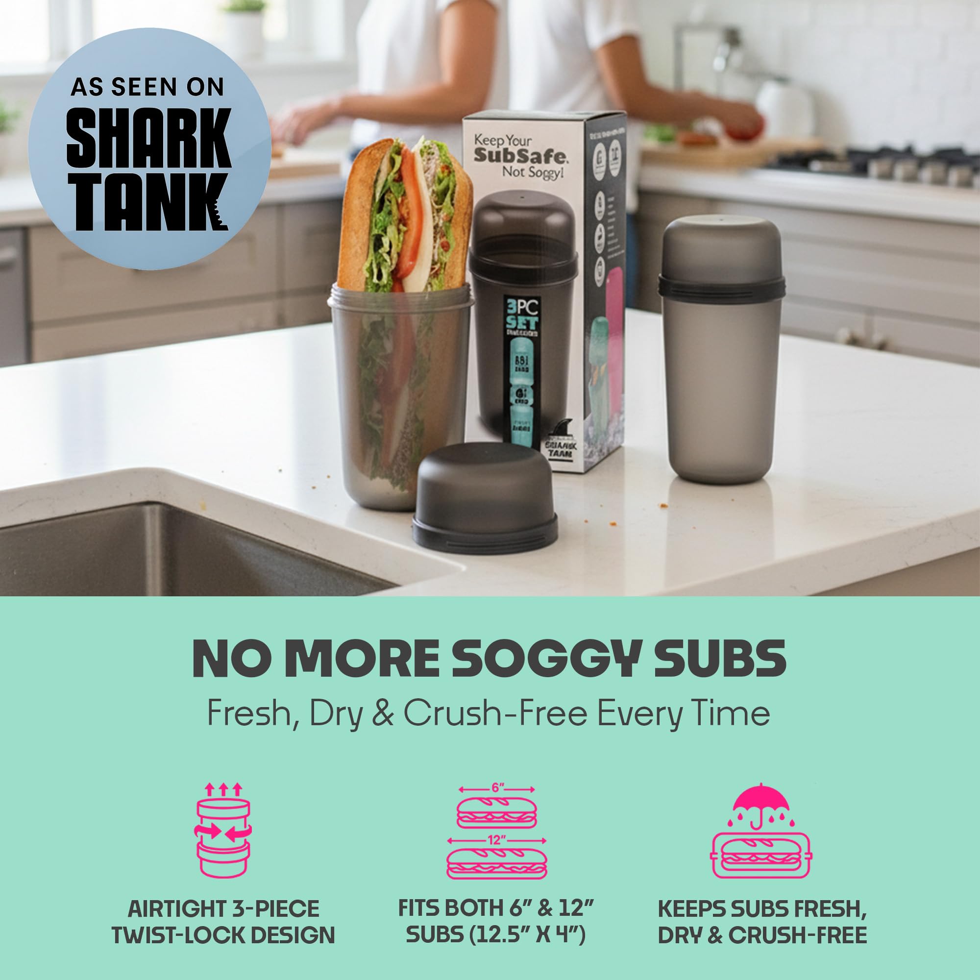 SubSafe cierre twist para sándwich, evita derrames y mantiene contenido seco.