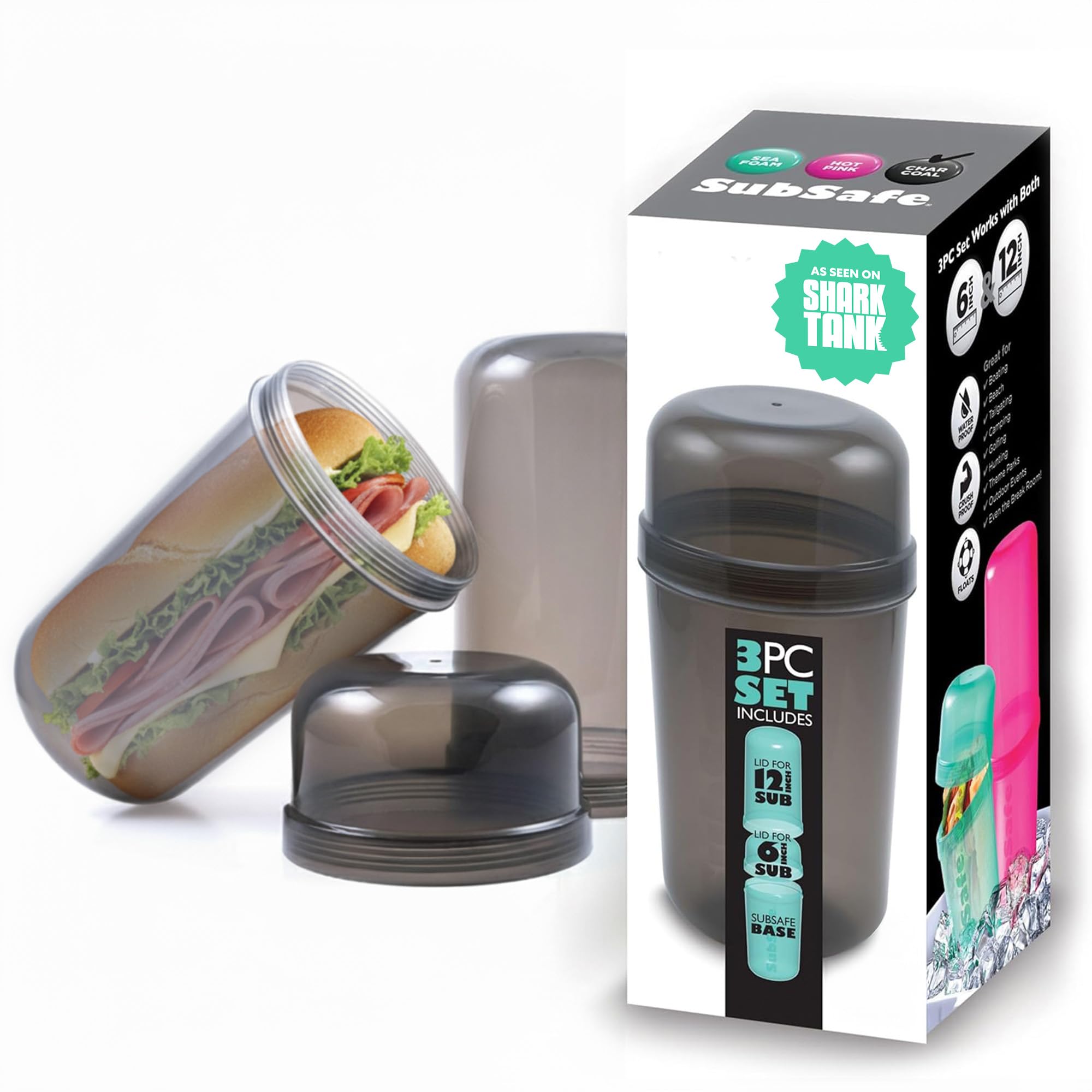 SubSafe contenedor sándwich 3 piezas gris carbón, mantiene fresco para 6 pulgadas y 12 pulgadas.