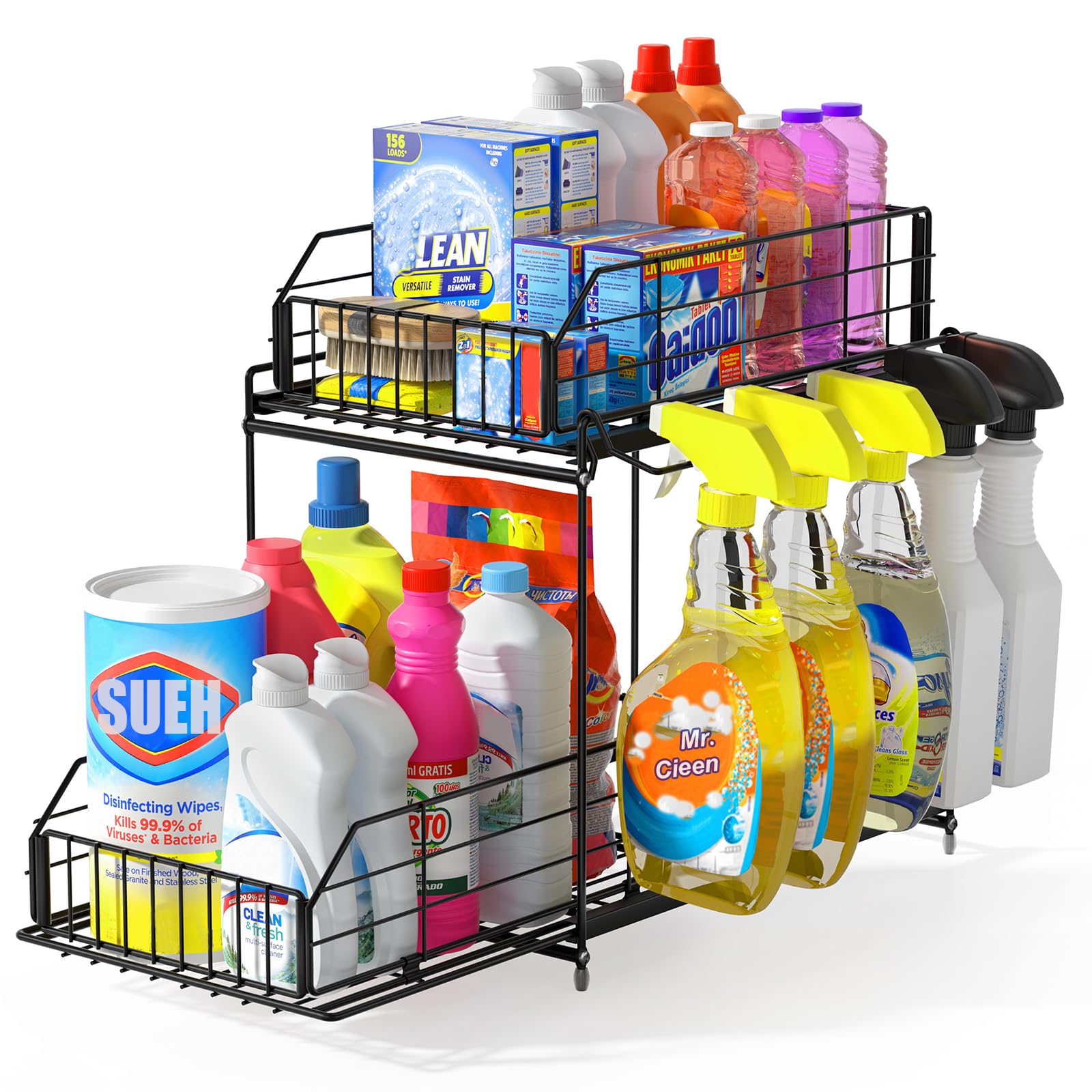 SUEH DESIGN organizador bajo fregadero con dos estantes deslizantes para ahorro de espacio.
