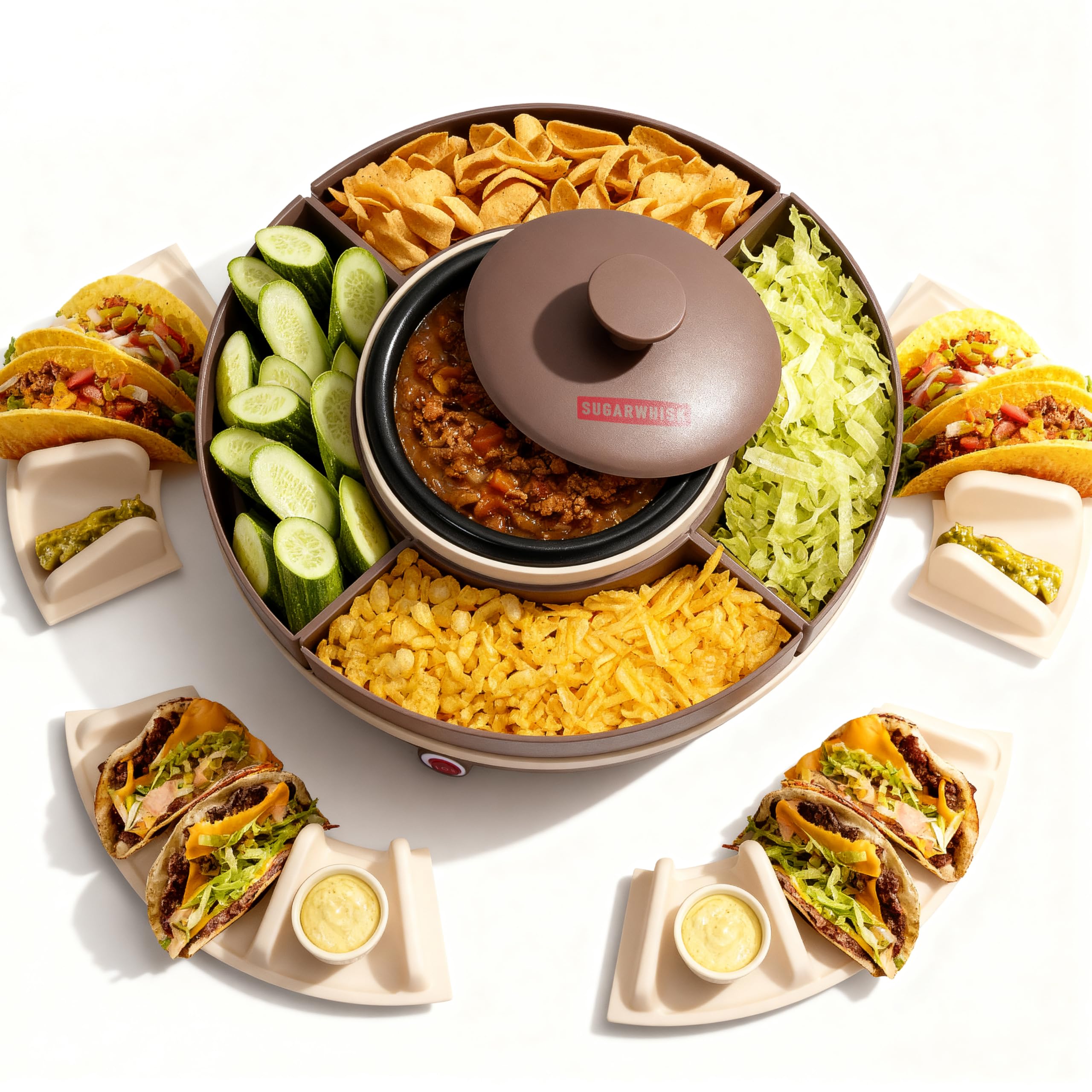 SugarWhisk barra taco giratoria con tapas facilita servir guarniciones de forma organizada.