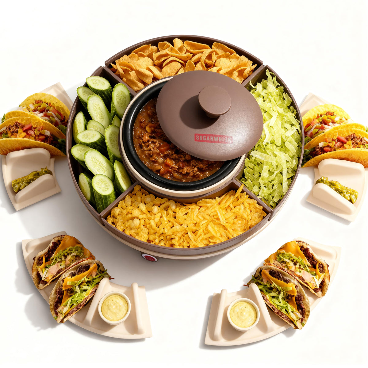 SugarWhisk barra taco giratoria con tapas facilita servir guarniciones de forma organizada.