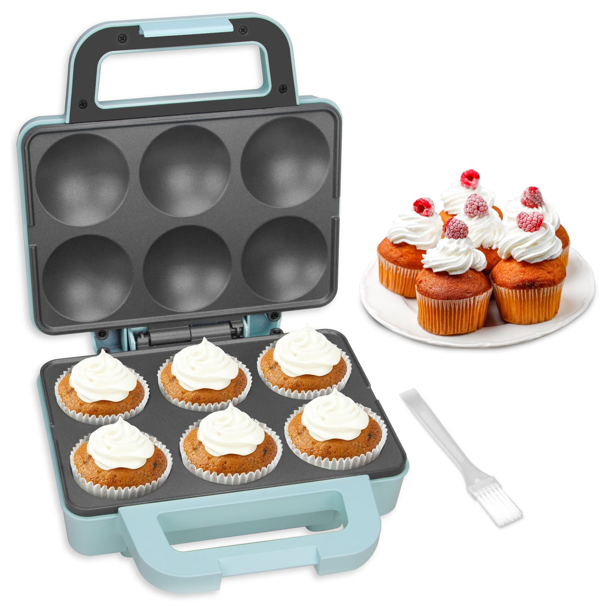 SugarWhisk máquina para pastelitos, vista frontal, ideal para hornear seis porciones en casa.
