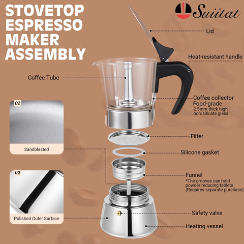 Suiitat Moka Pot de acero inoxidable 304, durabilidad para uso diario.