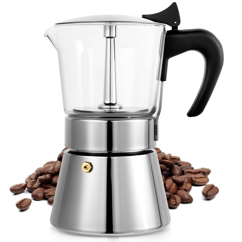Suiitat Moka Pot con tapa de cristal, permite ver el espresso durante la cocción.