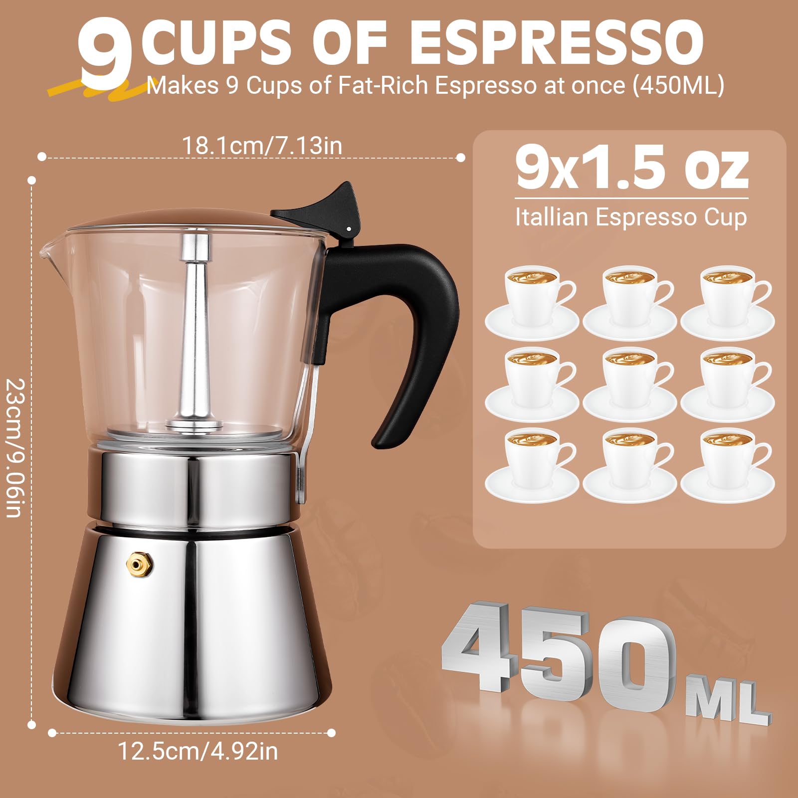 Suiitat Moka Pot con capacidad de 450 ml para varias tazas.