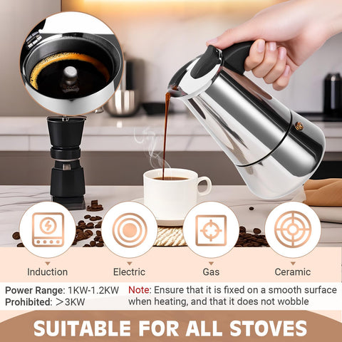 Suiitat Moka Pot en cocina con inducción, compatible con diferentes fuentes de calor.