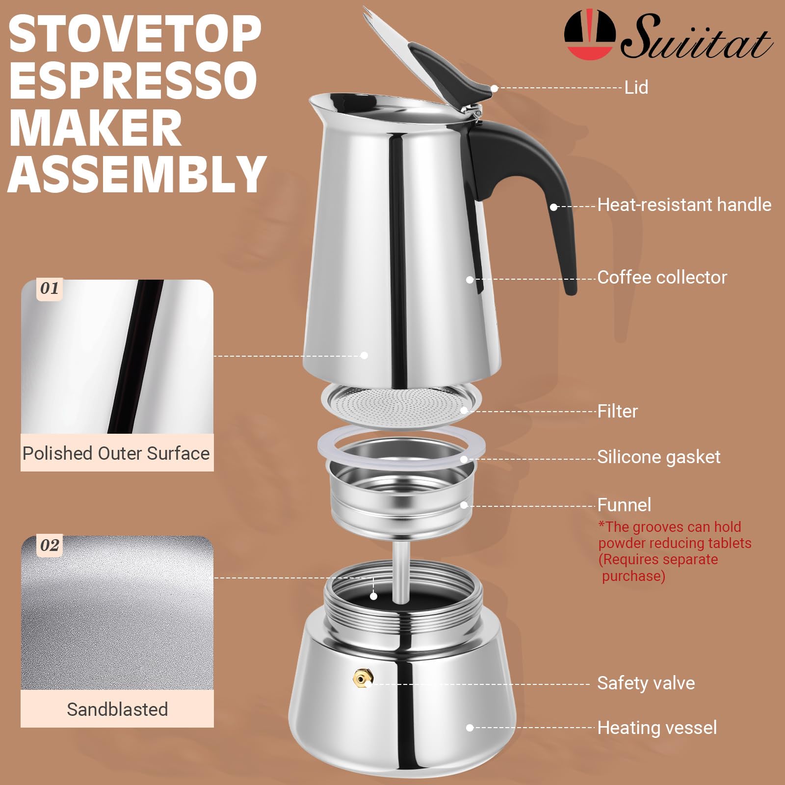 Suiitat Moka Pot, interior de acero 304, resistente a ácidos y arañazos.
