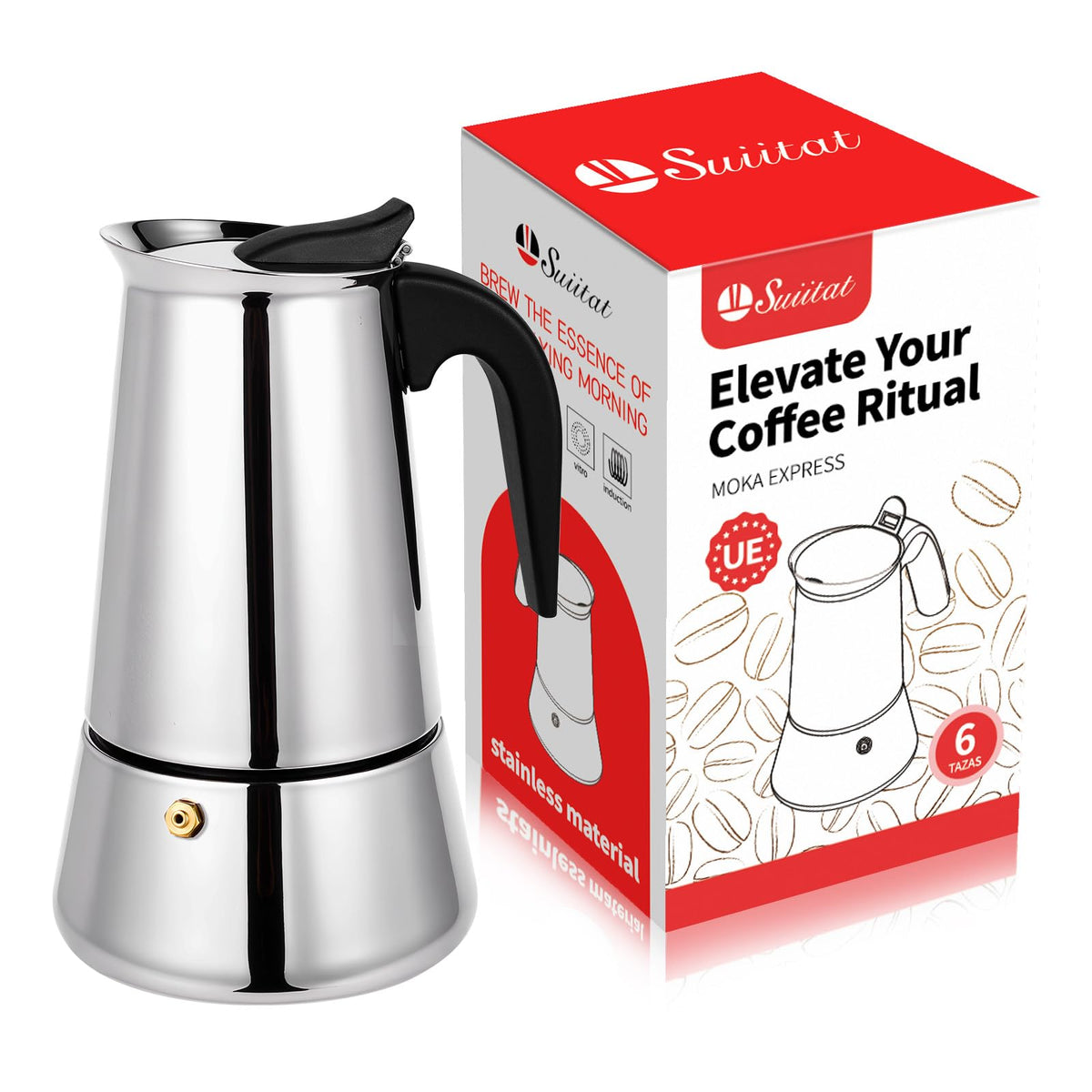 Suiitat Moka Pot, vista frontal, ideal para preparar espresso para seis tazas.
