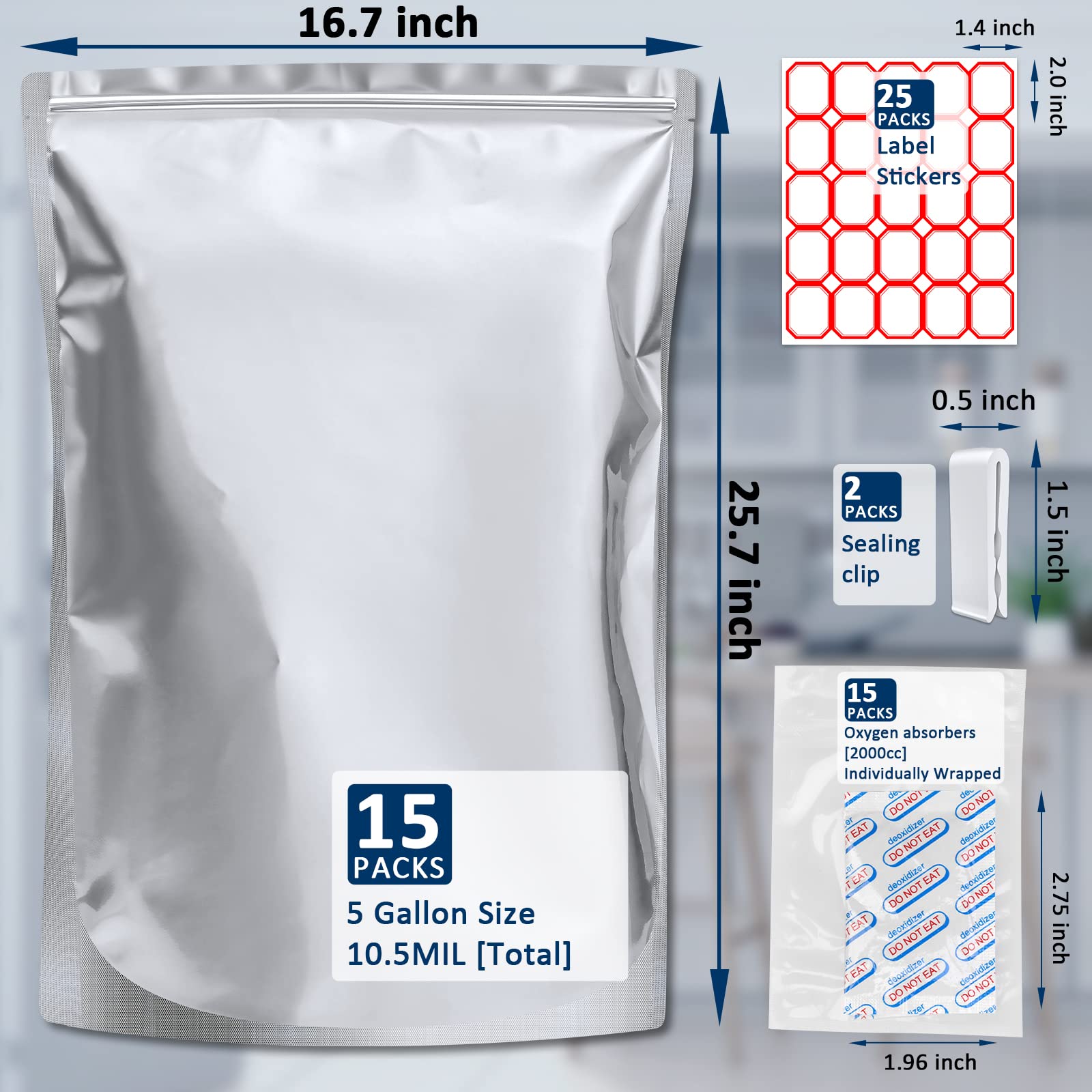 Sukerle bolsas Mylar 5 galones con cierre por clip para uso práctico