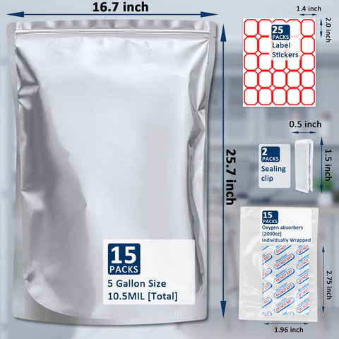 Sukerle bolsas Mylar 5 galones con cierre por clip para uso práctico