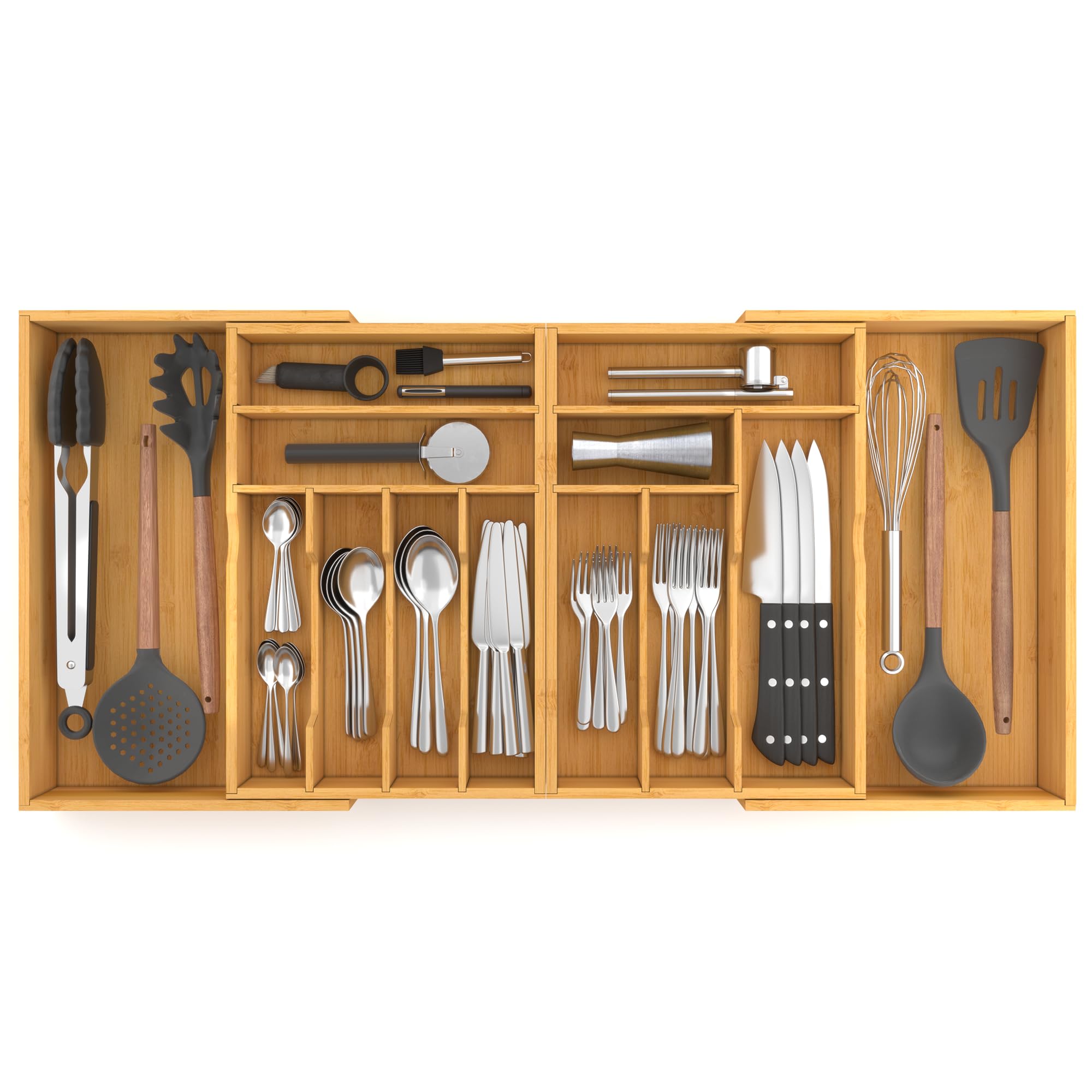 Suli organizador de cubiertos en cajón extendido, ahorra espacio y mantiene orden.