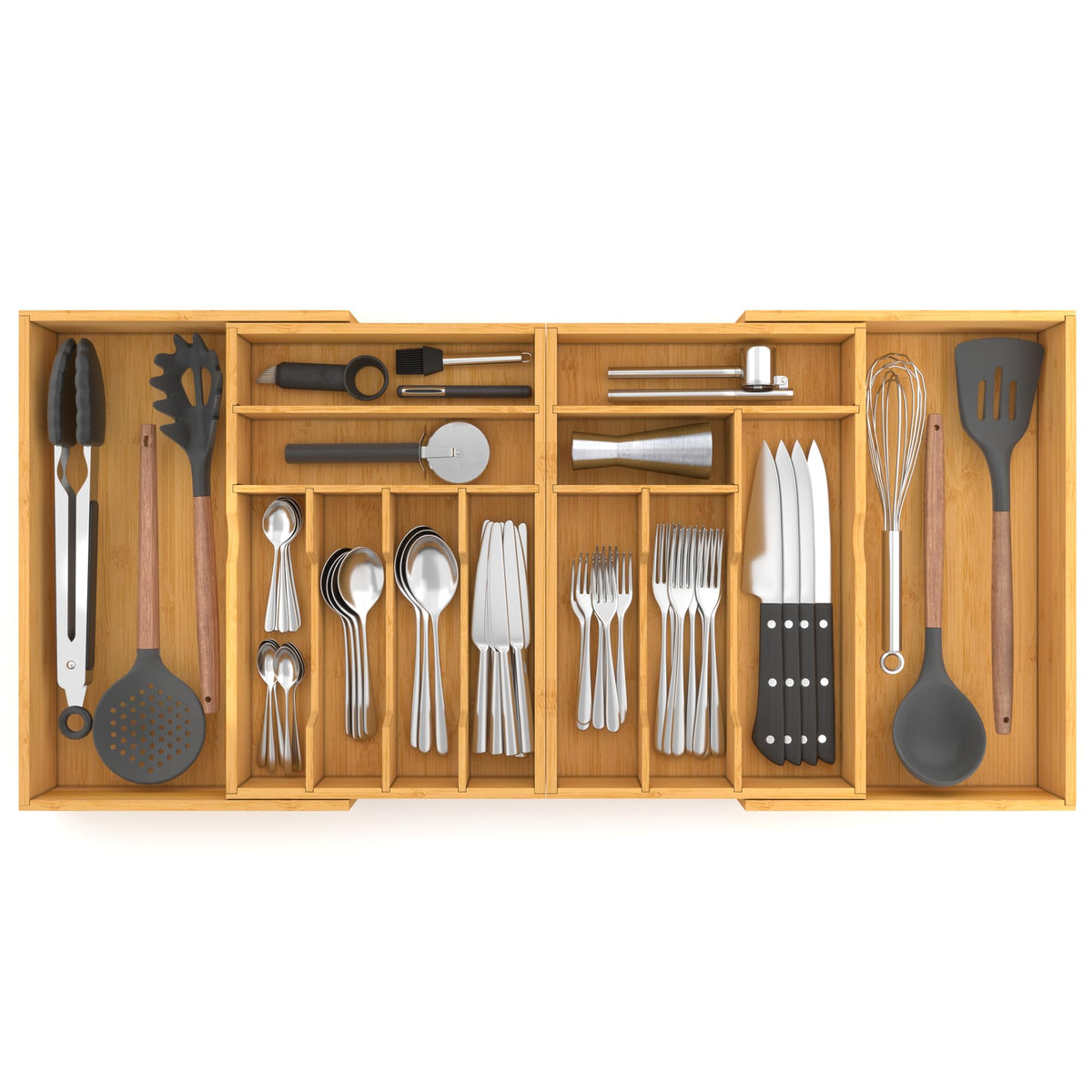 Suli organizador de cubiertos en cajón extendido, ahorra espacio y mantiene orden.
