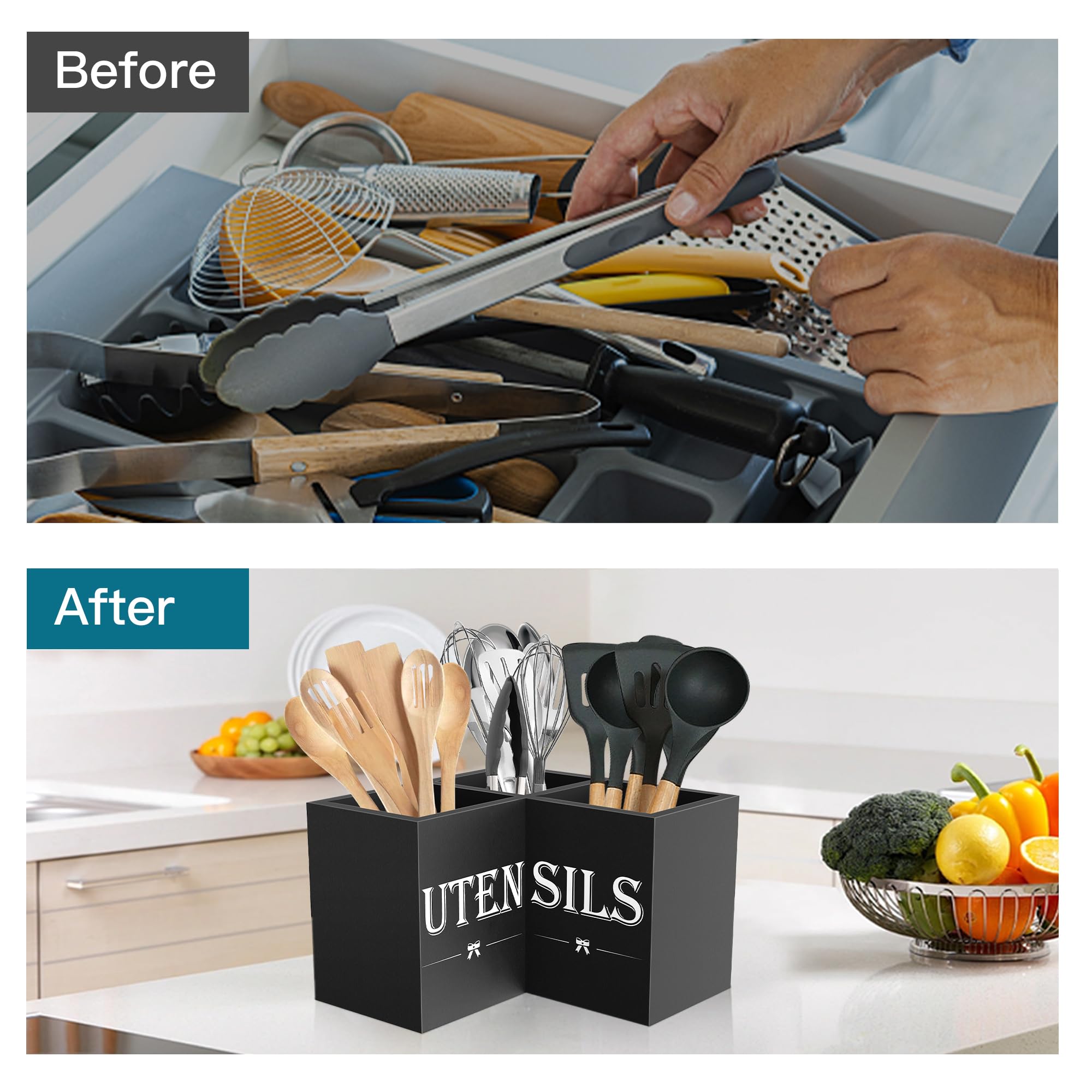 Uso práctico de Suli en el mostrador para utensilios de cocina.