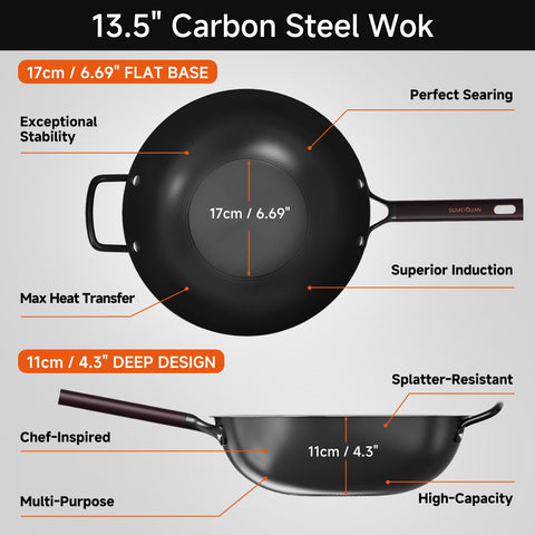 SUMEIGUAN Wok 13,5 pulgadas; base 1,8 mm para calentamiento rápido