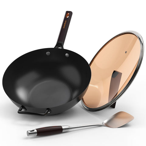 SUMEIGUAN Wok 13,5 pulgadas; base plana para calor uniforme en salteados