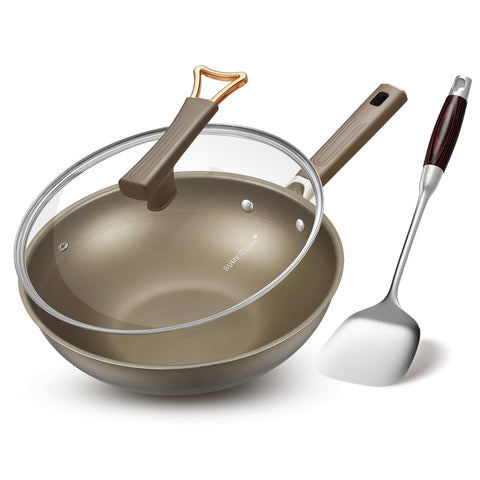 SUMEIGUAN Wok Titanio 13 pulgadas con tapa para cocción rápida y saludable.
