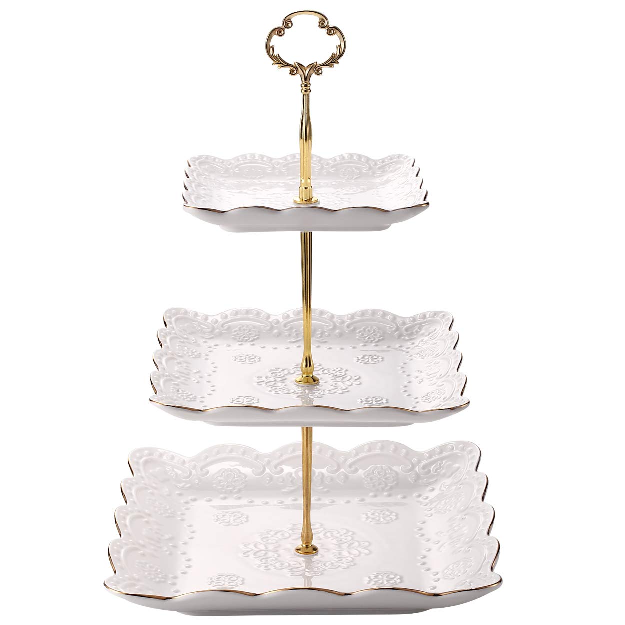 Sumerflos bandeja 3 niveles, porcelana blanca con borde dorado, presentación elegante.