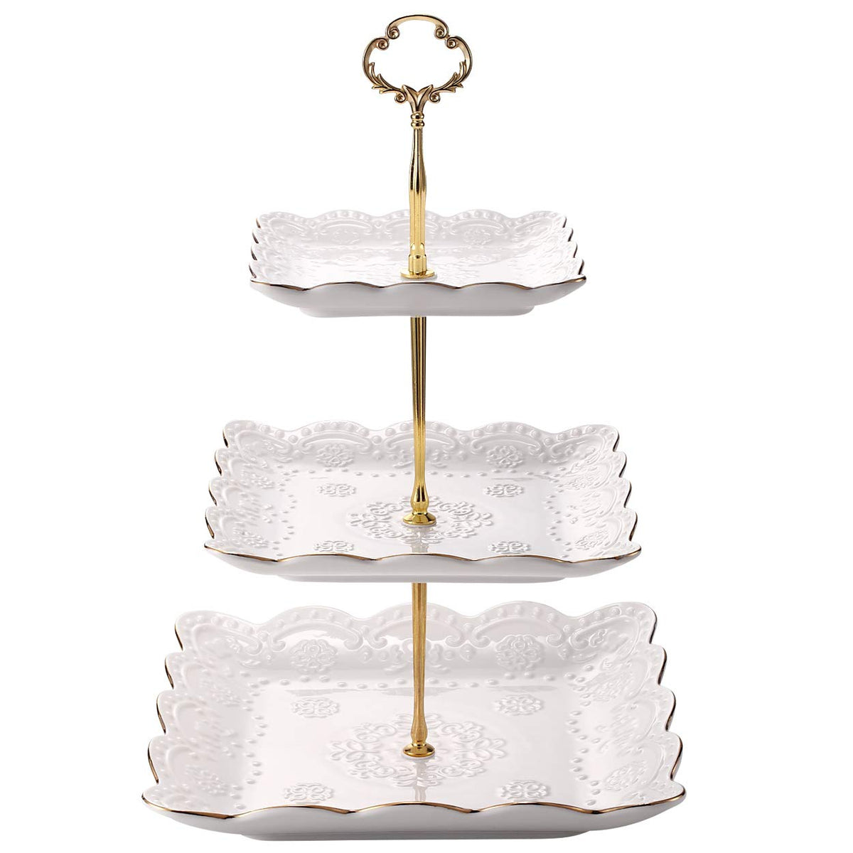 Sumerflos bandeja 3 niveles, porcelana blanca con borde dorado, presentación elegante.