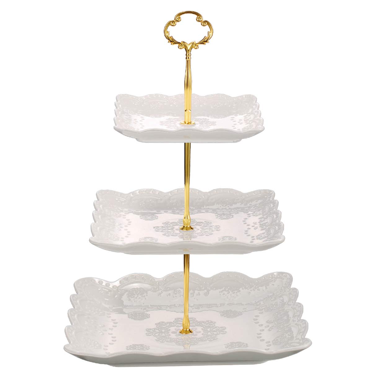 Sumerflos stand para cupcakes de porcelana de tres niveles, exhibe postres con elegancia.