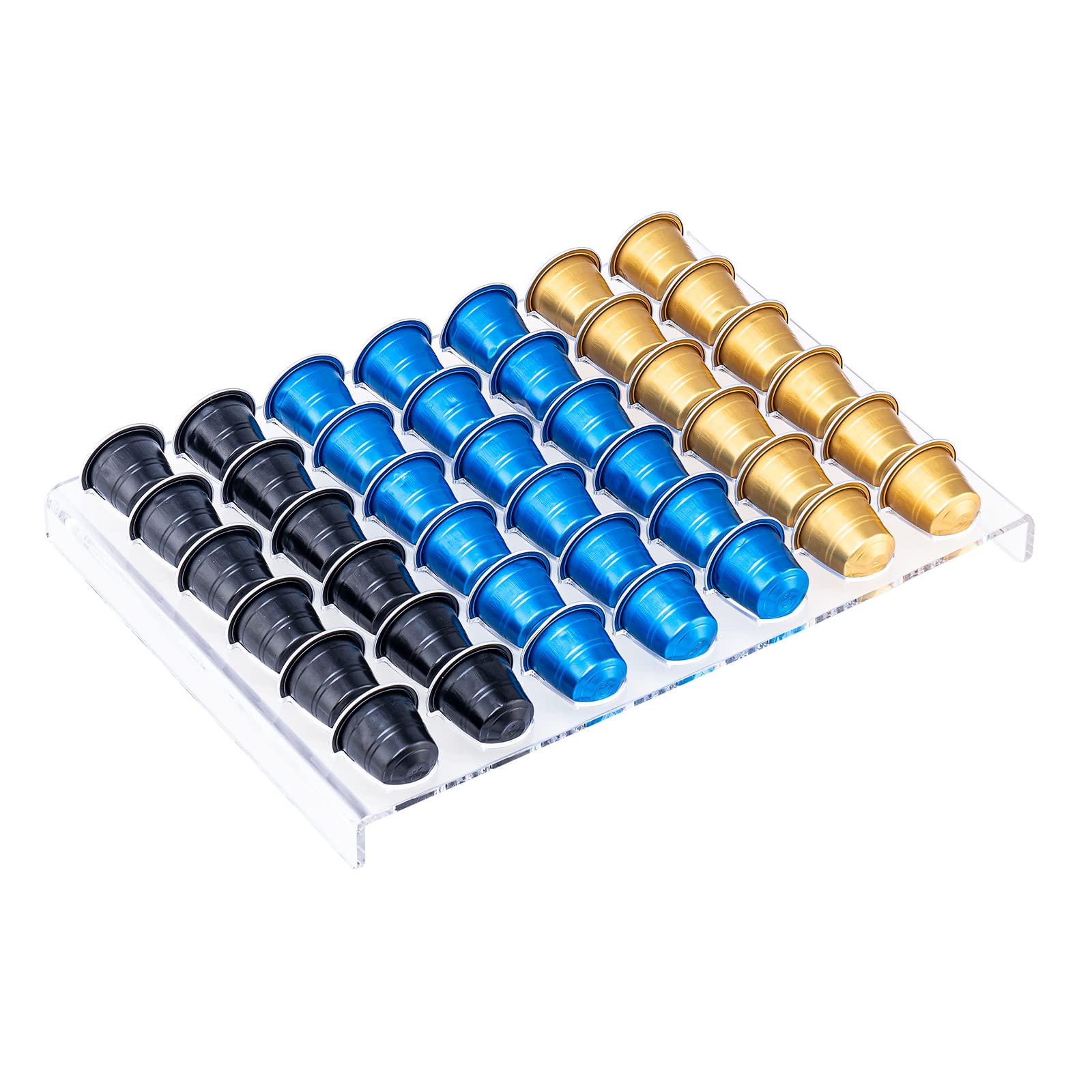 Sumerflos organizador claro para cápsulas Nespresso Original en escritorio.