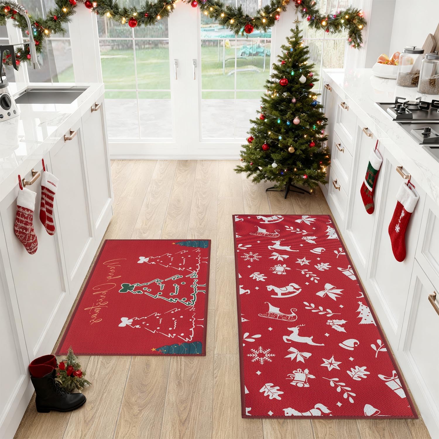 SUMLANS alfombra de cocina navideña con árbol, antideslizante para piso seguro.