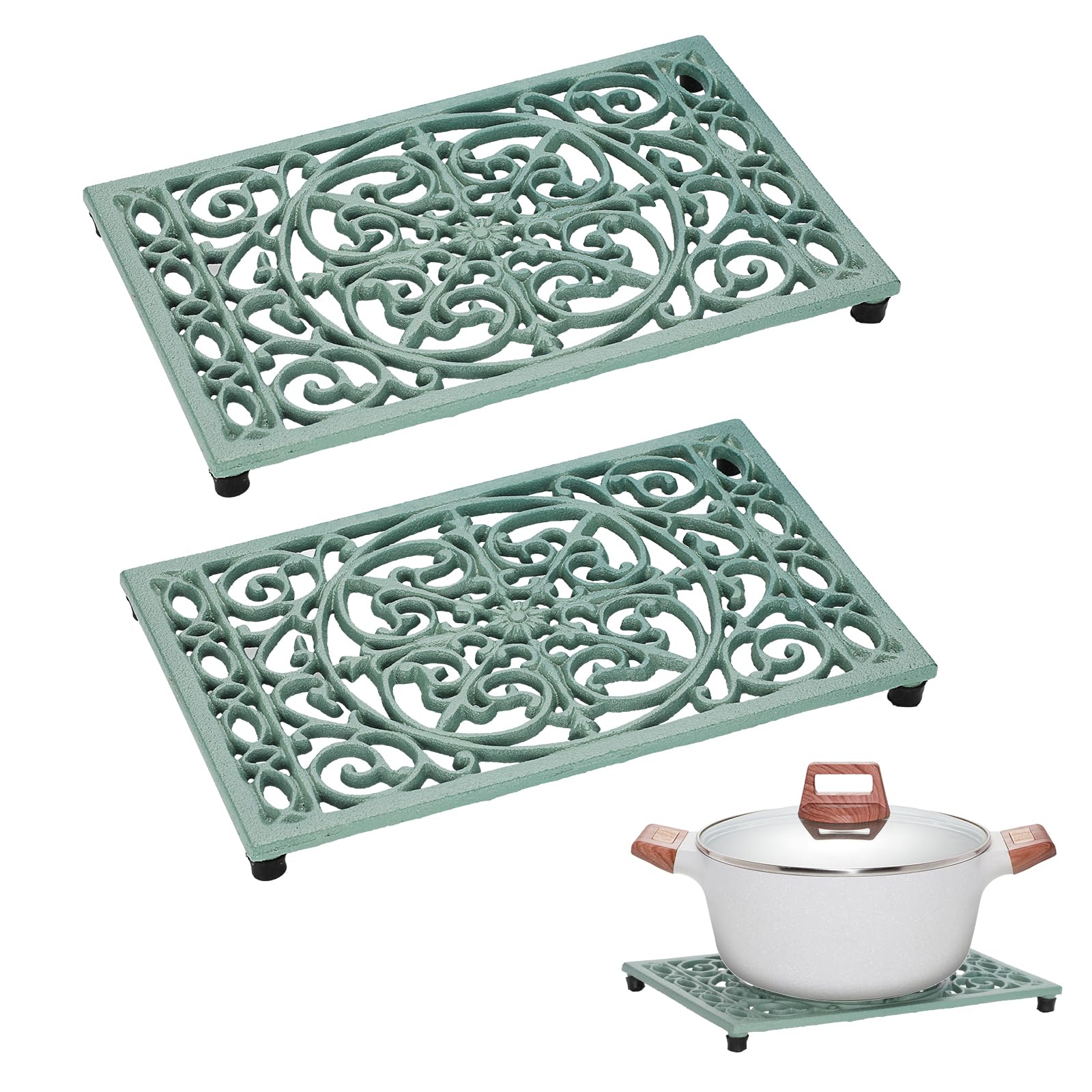 El Sumnacon trivet de hierro forjado, rectangular y verde, protege superficies del calor.