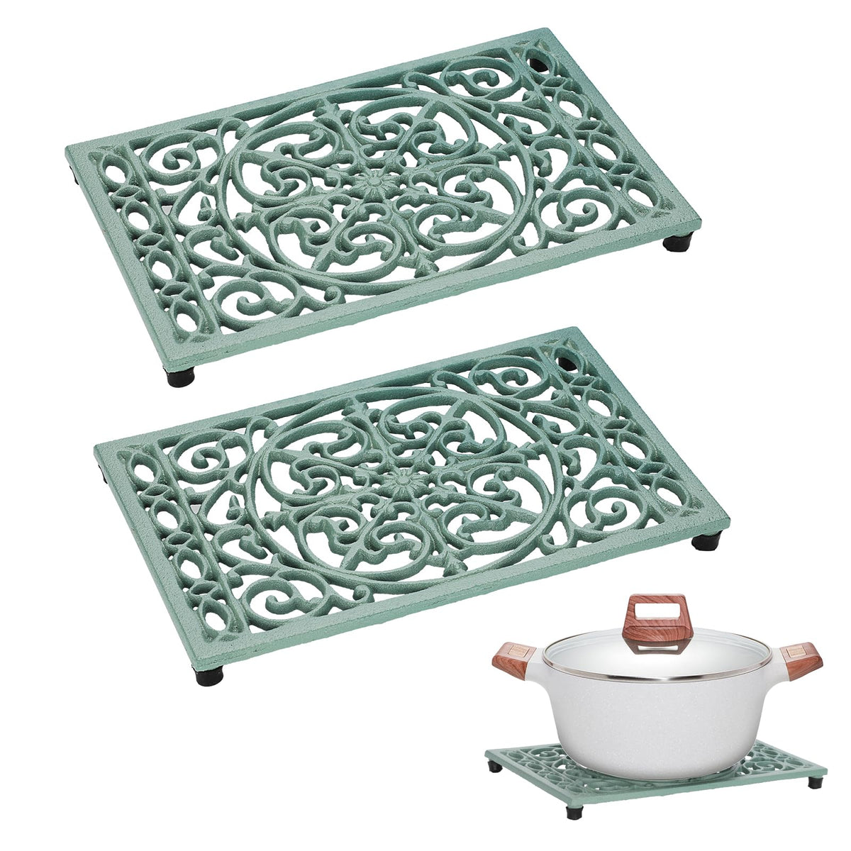 El Sumnacon trivet de hierro forjado, rectangular y verde, protege superficies del calor.